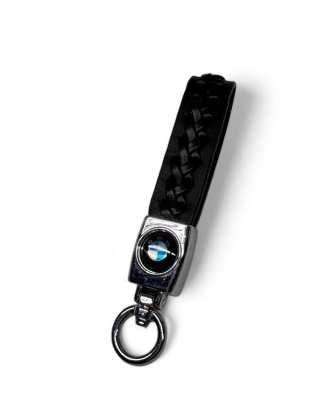 BMW Black Braided Leather Key Holder with Silver Trim